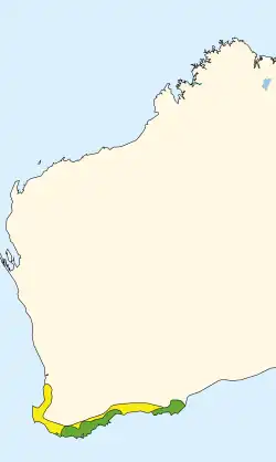 Distribución del perico terrestre occidental en el este de Australia, en amarillo extensión histórica en verde la actual.