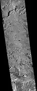 Cráter Sklodowska, visto por la cámara CTX (en el Mars Reconnaissance Orbiter). Pequeños canales son visibles a lo largo del erosionado borde sur
