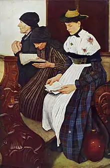 Tres mujeres en la iglesia (1881); abajo a la derecha una botijilla, según Wilhelm Leibl. Kunsthalle de Hamburgo.