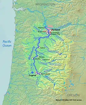 El río Willamette discurre en dirección norte por el oeste del estado, hasta desaguar en el Columbia, junto a Portland.