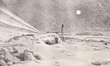 Una representación artística: Una luna llena en un cielo oscuro; sobre el terreno, un montón de nieve con una pequeña apertura cuadrada indica la cabaña, con un trineo dando la vuelta en el exterior. El área que lo rodea es todo nieve desolada y campos de hielo.