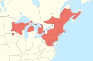 Mapa del este de Estados Unidos y el este de Canadá, las partes coloreadas se corresponden a las zonas habitadas por los galápagos de bosque.