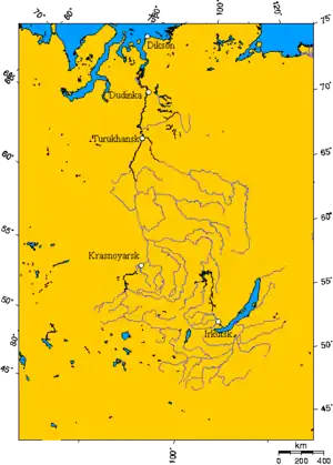 Otro mapa del río Yeniséi en el que aparece Krasnoyarsk