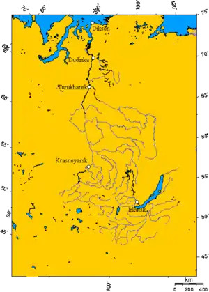 Dikson (arriba) en mapa del río Yenisei