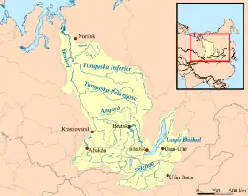 Krasnoyarsk (centro) en mapa del río Yeniséi