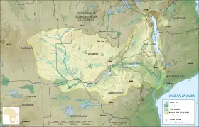 Mapa de la cuenca del Zambeze. En la parte izquierda pueden verse todos los ríos que nacen en la meseta de Bié
