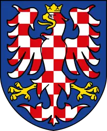 Escudo de armas de Moravia: Águila de Moravia (El águila a cuadros rojo plateado con la corona de oro y la armadura de oro (es decir, pico, lengua y garras) en un escudo azul).