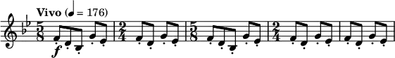 
\relative c' \new Staff {
 \key bes \major \clef "treble"
 \set Staff.midiInstrument = "clarinet"
 \tempo "Vivo" 4 = 176

 \time 5/8 f8-.\f d-. bes-. g'-. es-. | \time 2/4 f-. d-. g-. es-. |
 \time 5/8 f8-. d-. bes-. g'-. es-. | \time 2/4 f-. d-. g-. es-. | f-. d-. g-. es-. |
}
