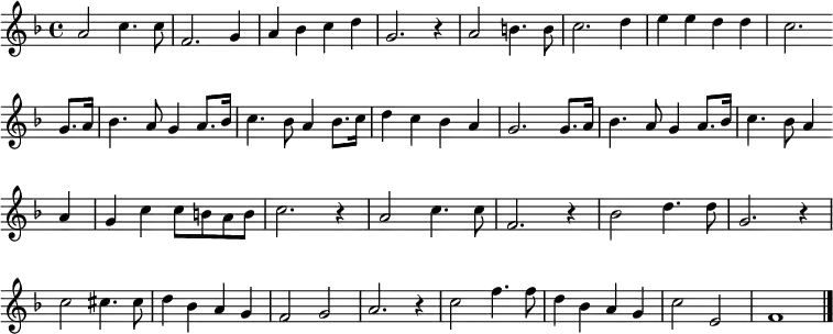  
{ 
\clef treble \key f \major \tempo 4=100 \set Staff.midiInstrument = "piano" {
      \set Score.tempoHideNote = ##t
      \override Score.BarNumber  #'transparent = ##t 
      \time 4/4 
      \transpose c c'
      \relative
      { a2 c4. c8 | f,2. g4 | a bes c d | g,2. r4 | a2 b4. b8 | c2. d4 | e e d d | c2. \bar"" \break 
      g8. a16 | bes4. a8 g4 a8. bes16 | c4. bes8 a4 bes8. c16 | d4 c bes a | g2. g8. a16 | bes4. a8 g4 a8. bes16 | c4. bes8 a4 \bar"" \break
      a | g c c8 b a b | c2. r4 | a2 c4. c8 | f,2. r4 | bes2 d4. d8 | g,2. r4 | \break
      c2 cis4. cis8 | d4 bes a g | f2 g | a2. r4 | c2 f4. f8 | d4 bes a g | c2 e, | f1 \bar "|."}
    }
  } 
