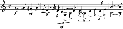  \relative c'' { \clef treble \time 4/4 g2~\f g8 fis4(\sf g8) | << { e8 d4(\sf e8) c b4(\sf c8) | g2. r4 | a'2~ a8 } \\ { r2 \times 2/3 { r4 e,-> g-> } | \times 2/3 { c-> g-> c-> } \times 2/3 { e-> c-> e-> } | a,2~ a8 } >> } 