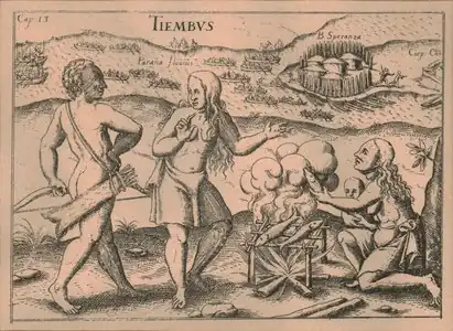 Indígenas en Buena Esperanza (actualmente Puerto Gaboto), grabado de 1536 de Ulrico Schmidl.