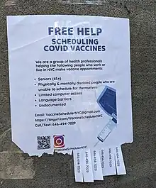 Flyer posted on Roosevelt Island, offering help in scheduling COVID-19 vaccine appointments for individuals belonging to vulnerable populations in March 2021