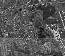 Grayscale aerial view of Lackland AFB