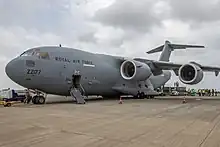 RAF Boeing C-17 Globemaster III transport aircraft delivering medical aid to Ghana.