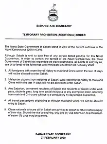 Temporary Prohibition in Sabah
