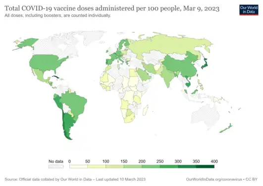 COVID-19 vaccine doses administered per 100 people by country. See date on map.
