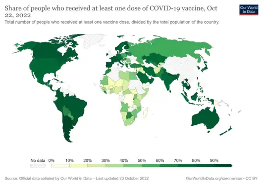 Share of people who have received at least one dose of a COVID-19 vaccine relative to a country's total population. Date is on the map. Commons source.