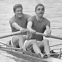 Two rowers with one oar each