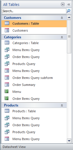 The Objects Pane, with the objects now sorted by tables and related views