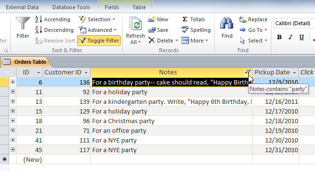 The filtered table, now showing only records containing the word "party" in the Notes field