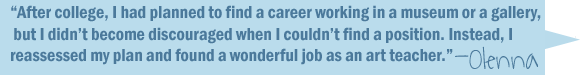 After college, I had planned to find a career working in a museum or a gallery, but I didn't become discouraged when I couldn't find a position. Instead, I reassessed my plan and found a wonderful job as an art teacher--Olenna