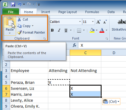 Pasting selected cells