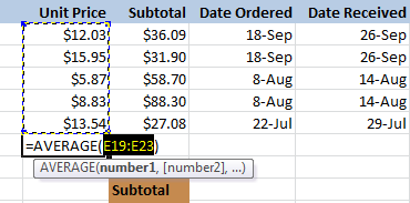 AutoSum selects and dsiplays cell range