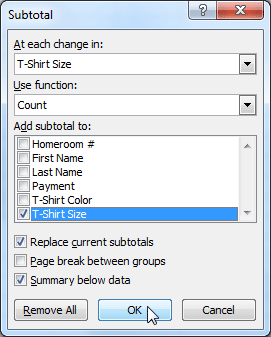 Clicking OK to subtotal