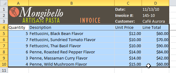 Selecting cells to format as a table