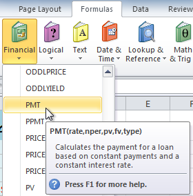 Selecting the PMT function