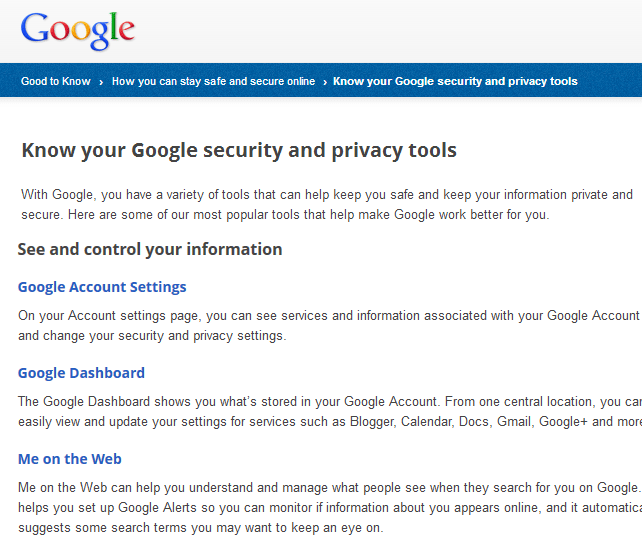 Screenshot of Google Privacy Tools