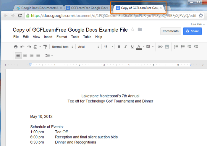 Screenshot of Google Spreadsheets