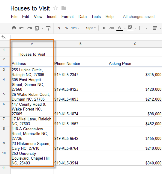 Screenshot of Google Spreadsheets