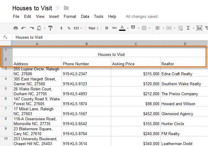 Screenshot of Google Spreadsheets