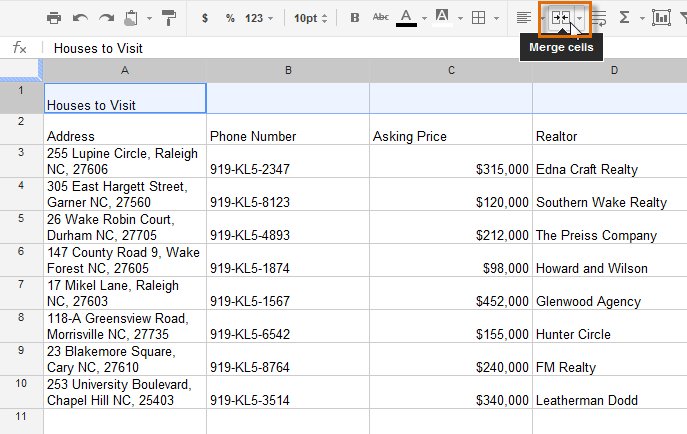 Screenshot of Google Spreadsheets