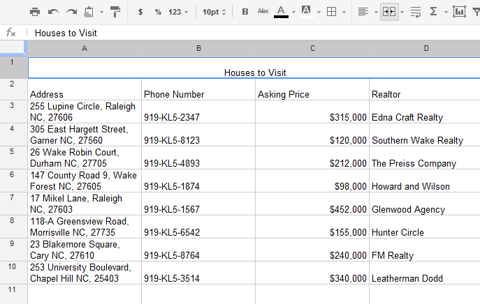 Screenshot of Google Spreadsheets