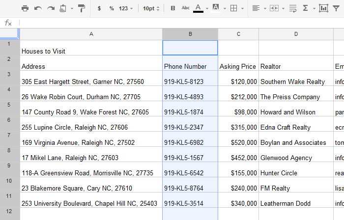 Screenshot of Google Spreadsheets