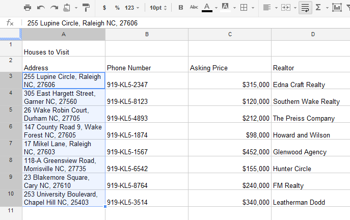 Screenshot of Google Spreadsheets