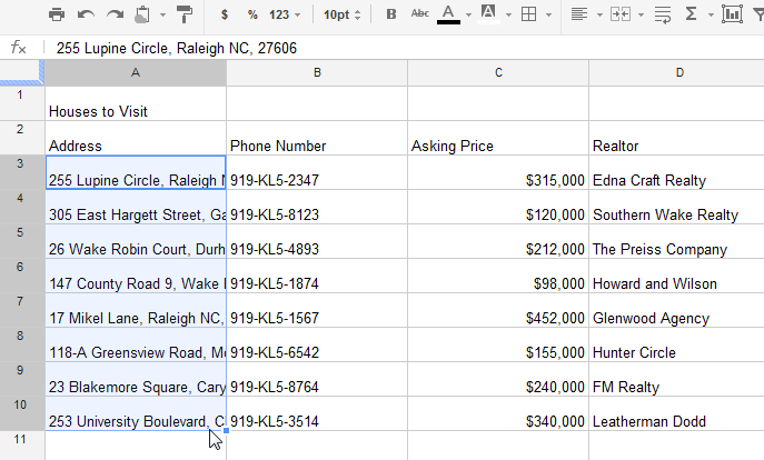 Screenshot of Google Spreadsheets