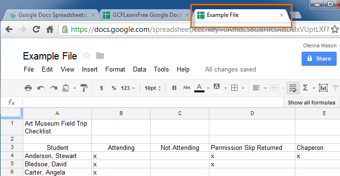 Screenshot of Google Spreadsheets