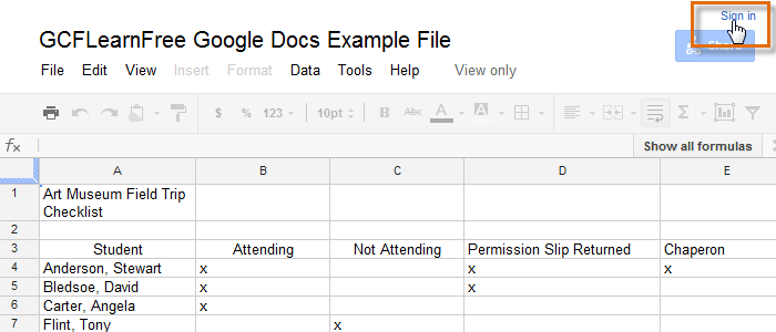 Screenshot of Google Spreadsheets