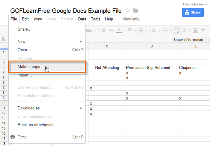 Screenshot of Google Spreadsheets