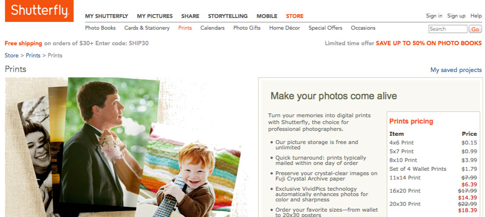 screenshot of Shutterfly.com