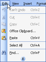 Edit menu with pull-down arrows