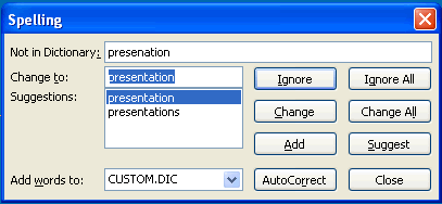 Spelling dialog box