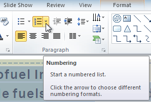 Clicking the Numbering drop-down arrow