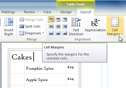 The Cell Margins drop-down command