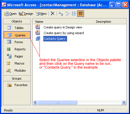 Contacts Query Selection under Queries Object