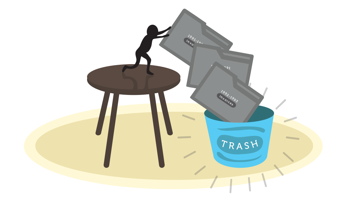 A miniature figure of a person dumping large folders into a trash can