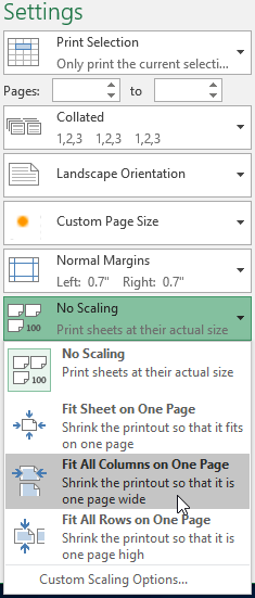 The Scaling drop-down menu on the Print pane